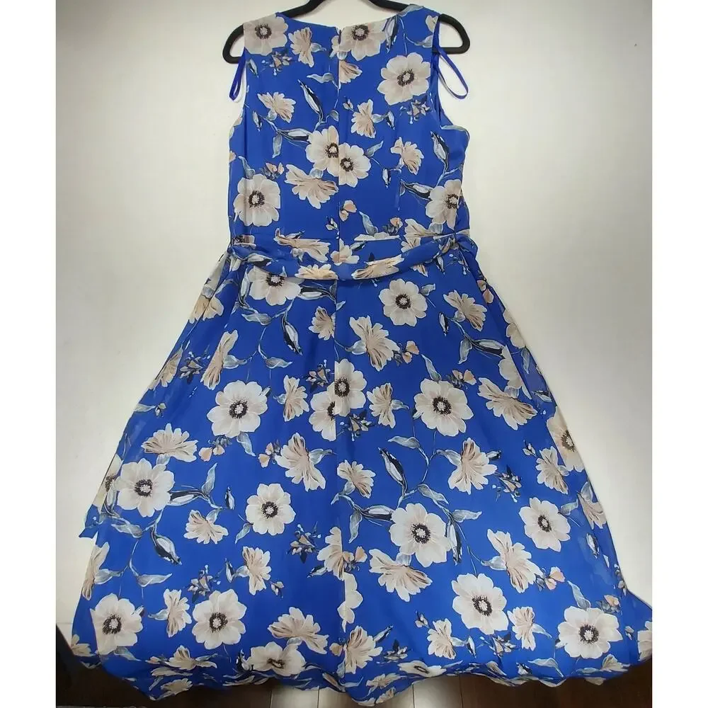 Jessica Howard Missy 14 Blue Floral Chiffon Faux-Wrap Midi Dress Ruffle Tie NWT